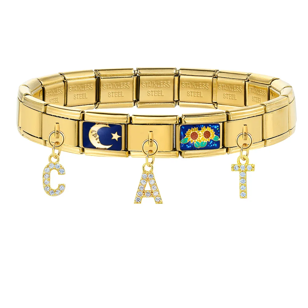 Trendiger goldfarbener Anhänger mit Zirkonia, 26 englischen Buchstaben, A-Z, italienischer Charm-Link, passend für 9 mm Edelstahl-Armbänder, DIY-Schmuckherstellung – Detail 2