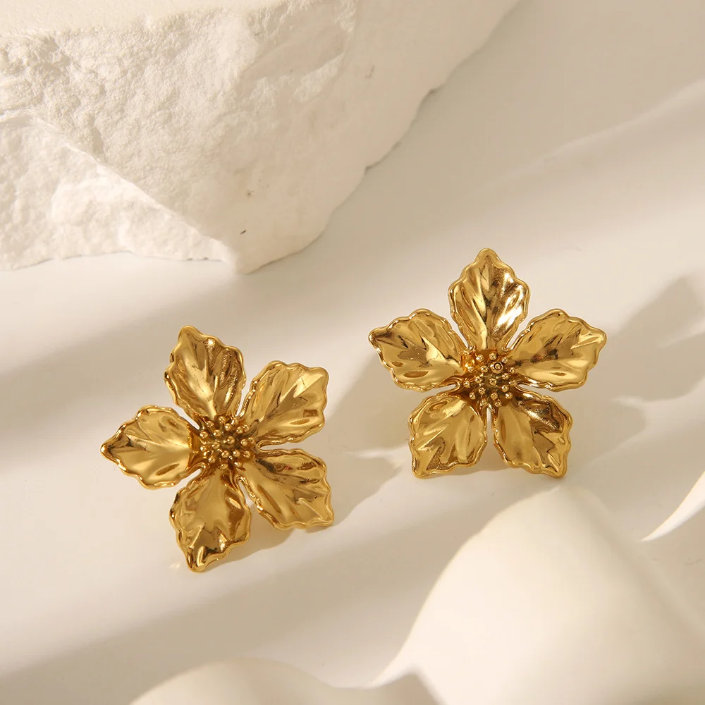 Trendy Golden Flower Earrings for Women Waterproof Stainless Steel Stylish Ear Accessories on Instagram 2