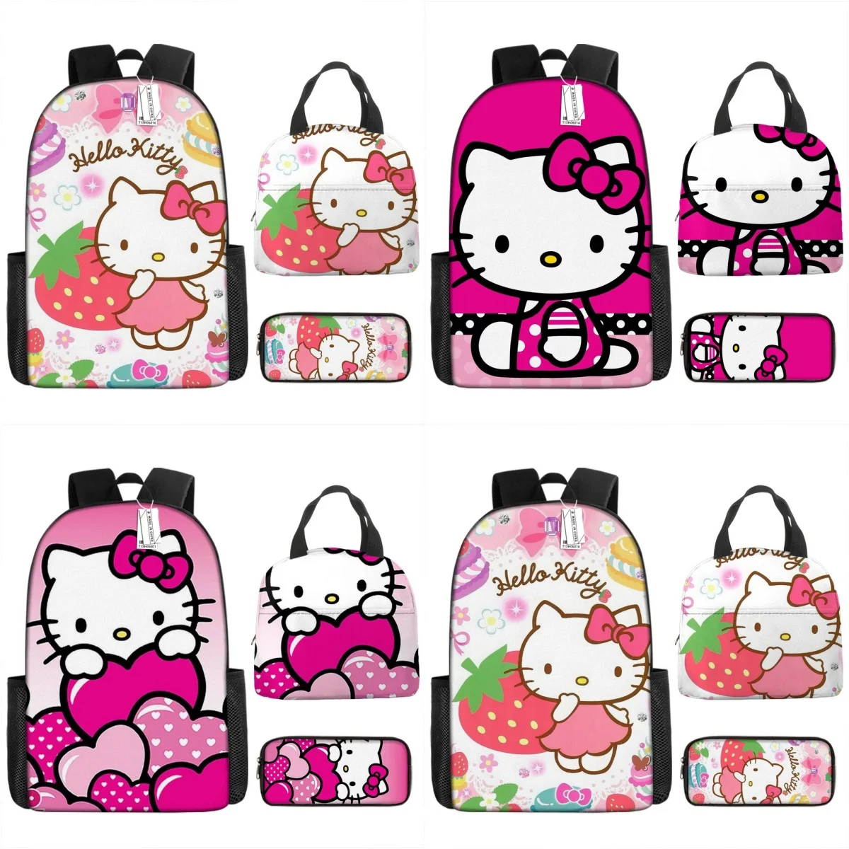 

3D 3PC-Set New Product Hello Kitty Backpack Backpack Pencil Bag Student School Bag Primary and Middle School Students Mochila