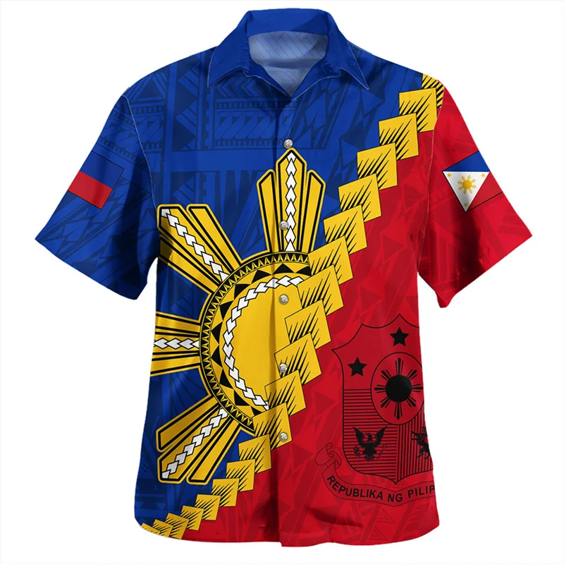 

Summer New Harajuku 3D Polynesian Philippines National Flag Rugby Print Shirts Philippines Coat Of Arm Graphic Short Shirts Tops