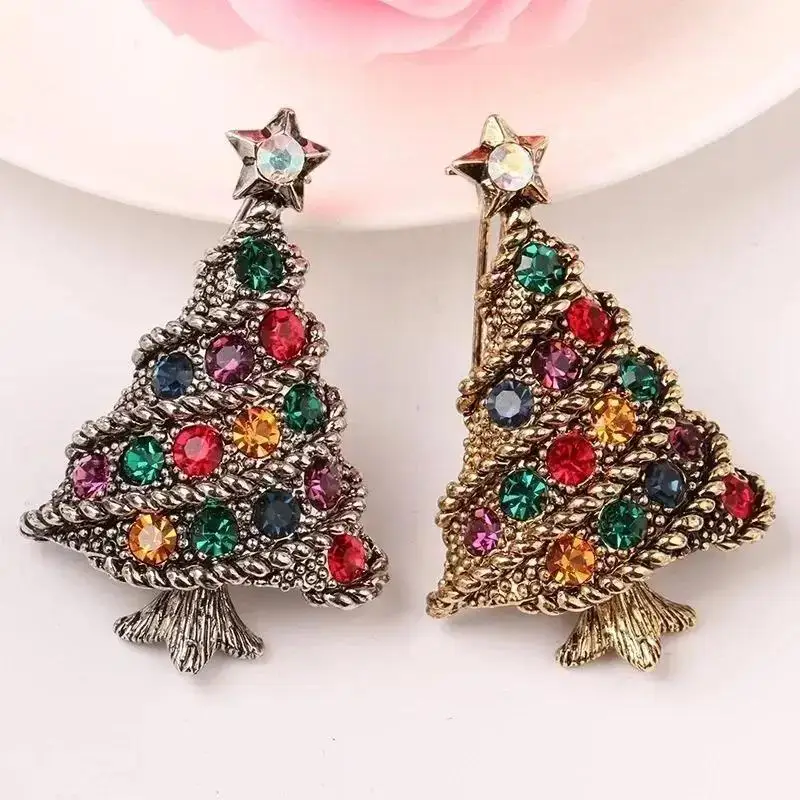 Vintage Diamond Studded Christmas Tree Brooch Alloy Rhinestone Christmas Tree Brooch Accessories Women's Holiday Brooch Jewelry