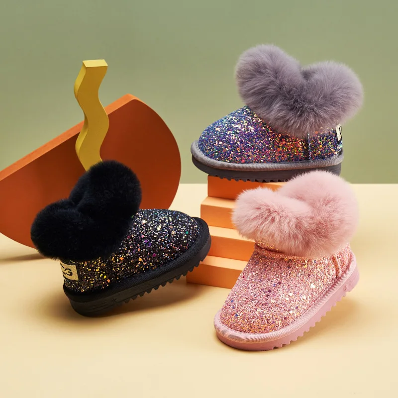Winter Kids snow boots thick Genuine Leather warm plush soft bottom baby girls boots winter ski boot for baby children boots