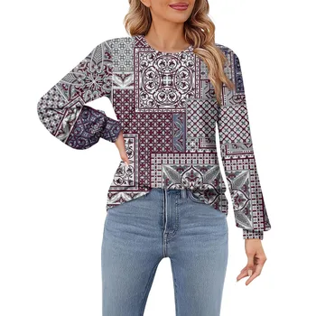 Print Fashion Casual Simple T Shirts Plus-Size Long Sleeve Loose Shirts Women'S Round Neck Shirts Top Autumn Long Sleeve T-Shirt 1