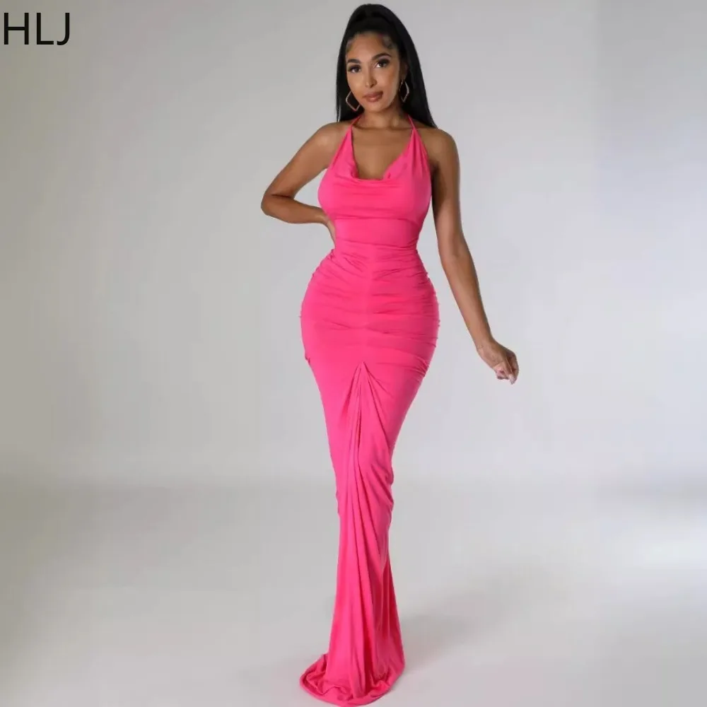 

HLJ Fashion Solid Ruched Bodycon Halter Floor Dresses Women Sleeveless Backless Lace Up Vestidos Sexy Solid Color Slim Clothing