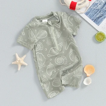 Costume da bagno estivo per bambini, neonato, costume da bagno da spiaggia per bambini, casual, carino, elemento marino, stampe, cerniera, manica corta, monokini 1