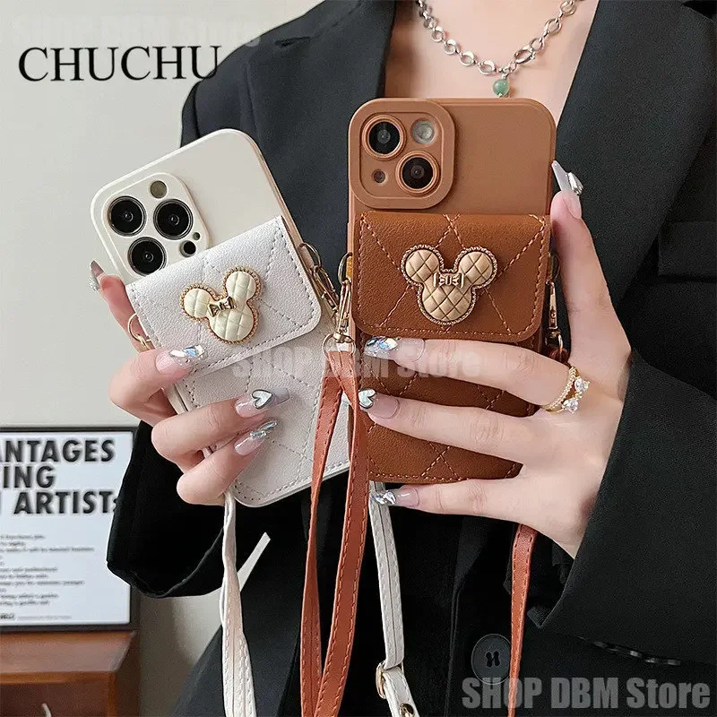 Disney Mickey Mouse Phone Case For IPhone 14 Pro Max 13 11 12 X XR XS Max Cover Luxury Leather Wallet Crossbody Lanyard Soft