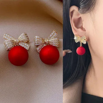 925 Silver Needle Korean Fashion Crystal Bow Red Bead Drop Earrings For Women Jewelry 2025 Trending Black White Pearl Earrings