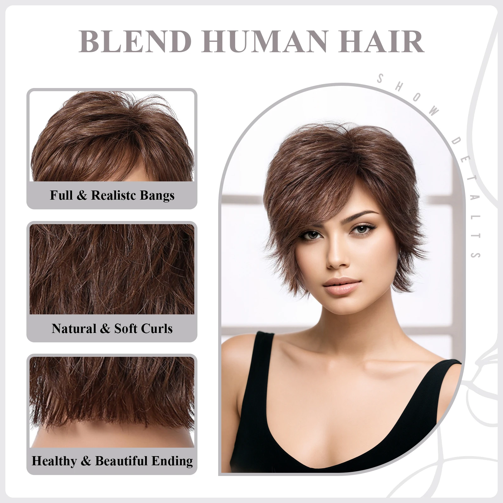 Short Pixie Cut Human Hair Blend Wigs For Women Chestnut Brown Layered Wavy Bob Blend Human Hair Wigs With Bangs Women Daily Wig