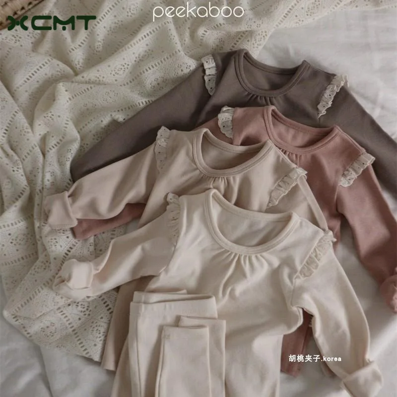 

Детская одежда Gitls корейский комплект из 2 предметов топ брюки с длинным рукавом Круглый вырез кружевной однотонный простой из чистого хлопка подходящий ко всему модный