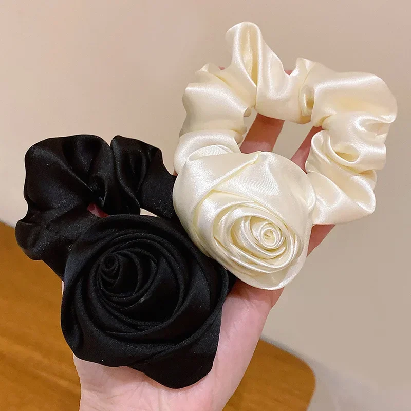 French Style Retro Rose Satin Hair Scrunchie - Artistic Glossy Floral Hair Accessory