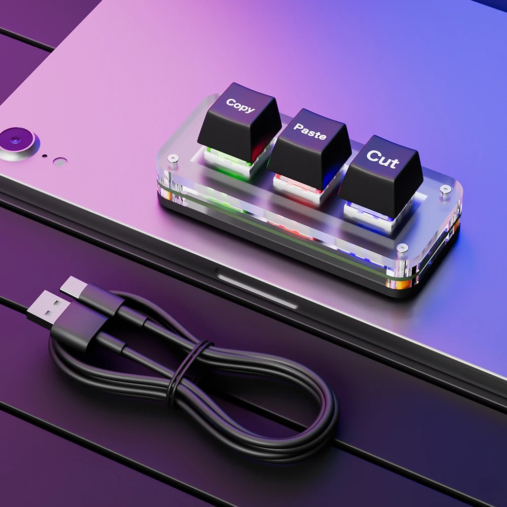 RGB 미니 컷 복사 붙여넣기 키보드, 한 손 키보드, USB C타입 매크로 키패드, 작업 및 게임용, 3 키, CTRL X C V 단축키