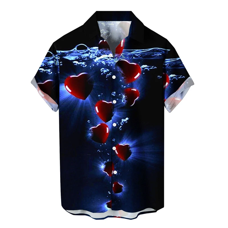 thumbnail image 1 of Camisa casual de moda para hombre con estampado 3D de corazón amoroso nueva de 2024 con solapa de estilo hawaiano, manga corta, ropa transpirable, 1 of 4