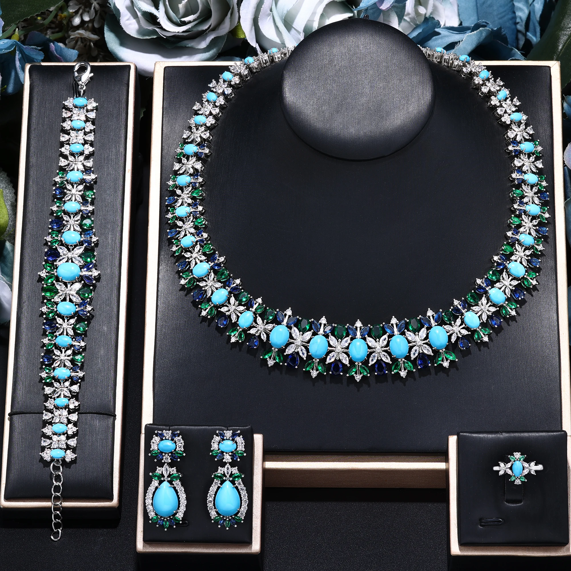 

New Luxury Green Blue CZ Crystal Turquoise Earrings Necklace 4PCS Wedding Bridal Jewelry Set for Party
