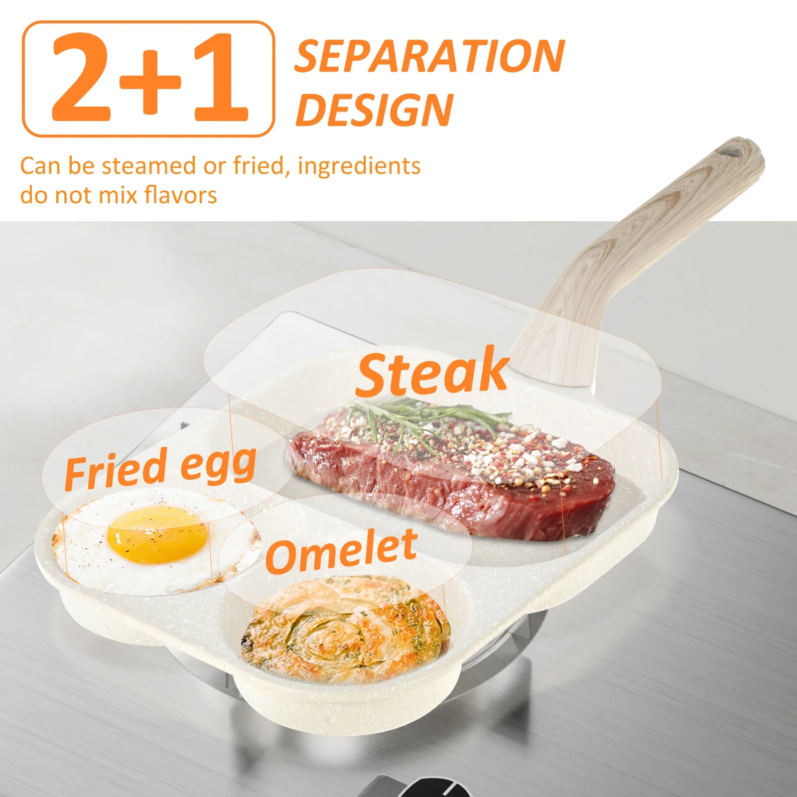 Aluminium Alloy Egg Frying Pan With Maifan Coating 3 in 1 Non Stick Breakfast Pan for Induction Cooker Gas Stove Omelette