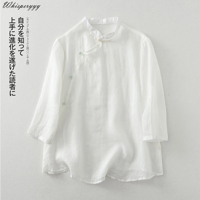 Cotton and Linen Blouse Women Spring and Summer Retro Chinese Zen Elegant Solid Color Tops Ethnic Style Shirt Female