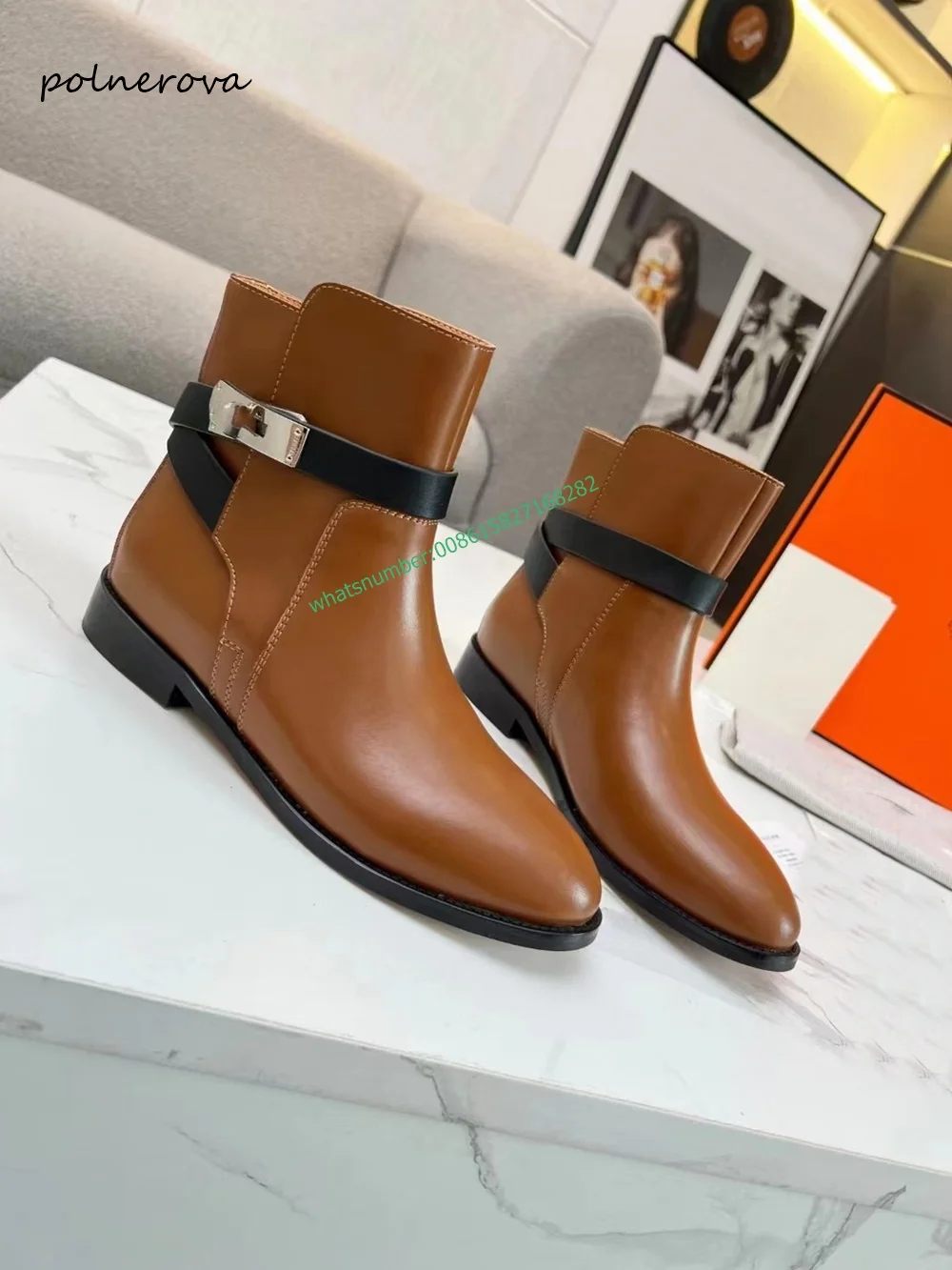 

Luxury Genuine Leather Ankle Boots Solid Belt Buckle Chunky Heel Boots Daily Party Shoes for Women 2023 Winter Newest Fashion