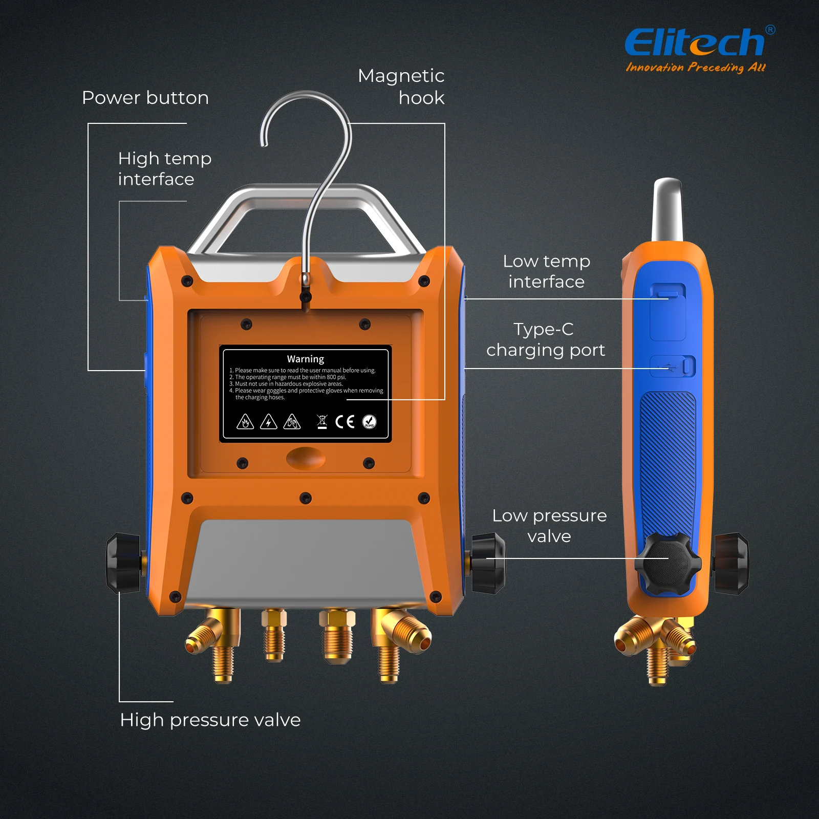 Elitech EMG-40V Intelligent 4 Valves Digital Manifold Kit with 5” Smart Touch Screen HVAC Gauge with Bluetooth