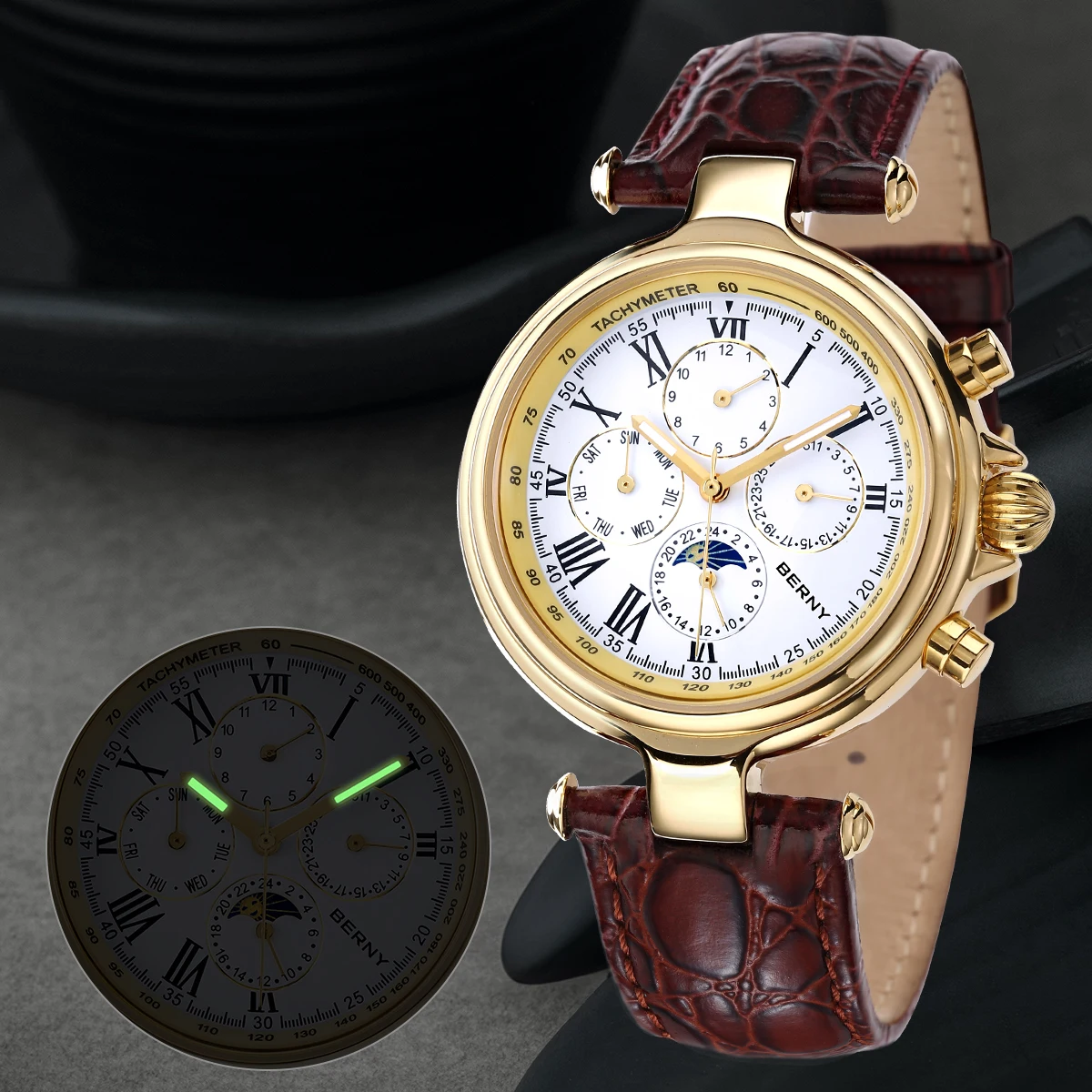 BERNY Classic Dress orologio automatico per uomo orologio da polso meccanico di lusso in acciaio inossidabile cinturino in pelle orologi impermeabili in nastro  1511