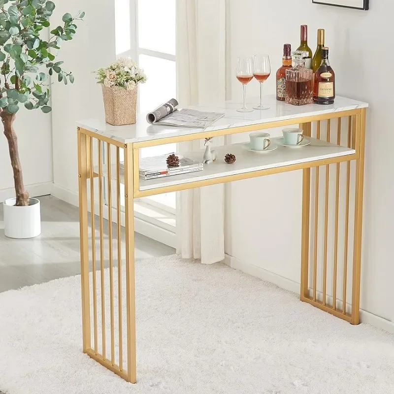 GOLASON Gold Bar Table, High Top Pub Tables for Kitchen, Modern Dinning Table with Open Storage Shelf, Liquor Bar Unit for