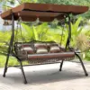 AECOJOY 3-Seat Proch Swing Chair Patio Canopy 2 Side Trays 3 Pillows Removable Cushion Wicker Stand Outdoor Balcony Deck Garden 1