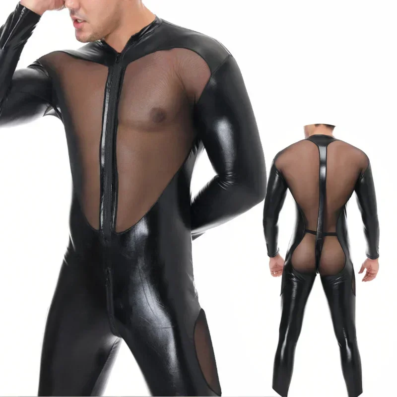 

Men Faux Leather Zipper Catsuit Sexy Transparent Mesh Splice Erotic Tight Leather Bodysuit Clubwear Male Fetish Stage Costumes