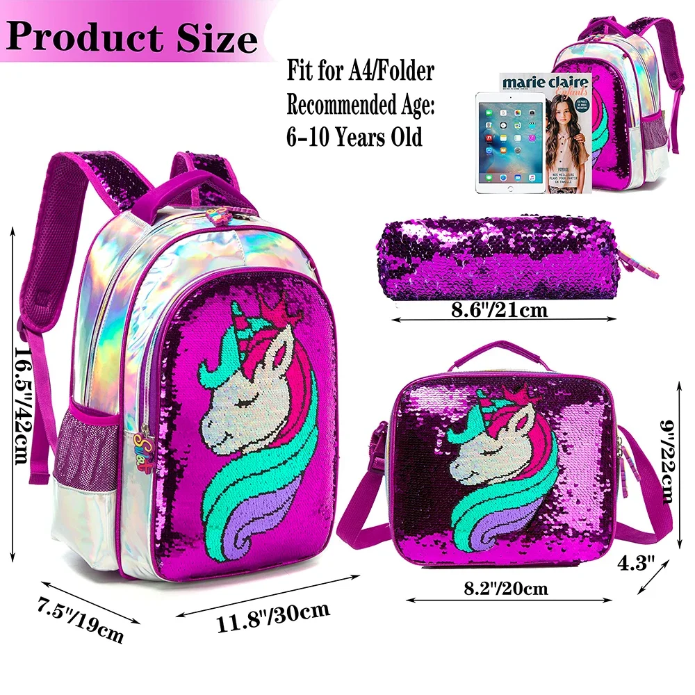 BIKAB Unicorn School Bag Double Sided Sequin Backpack Set
