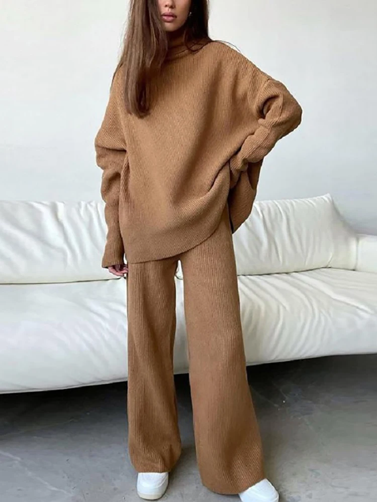 suit set Tracksuit For Girls Solid Loungewear 2PCS Suit Spring Autumn Long Sleeve Wide Leg Pant Casual Ladies Set Loose Turtleneck Outfit short suit set