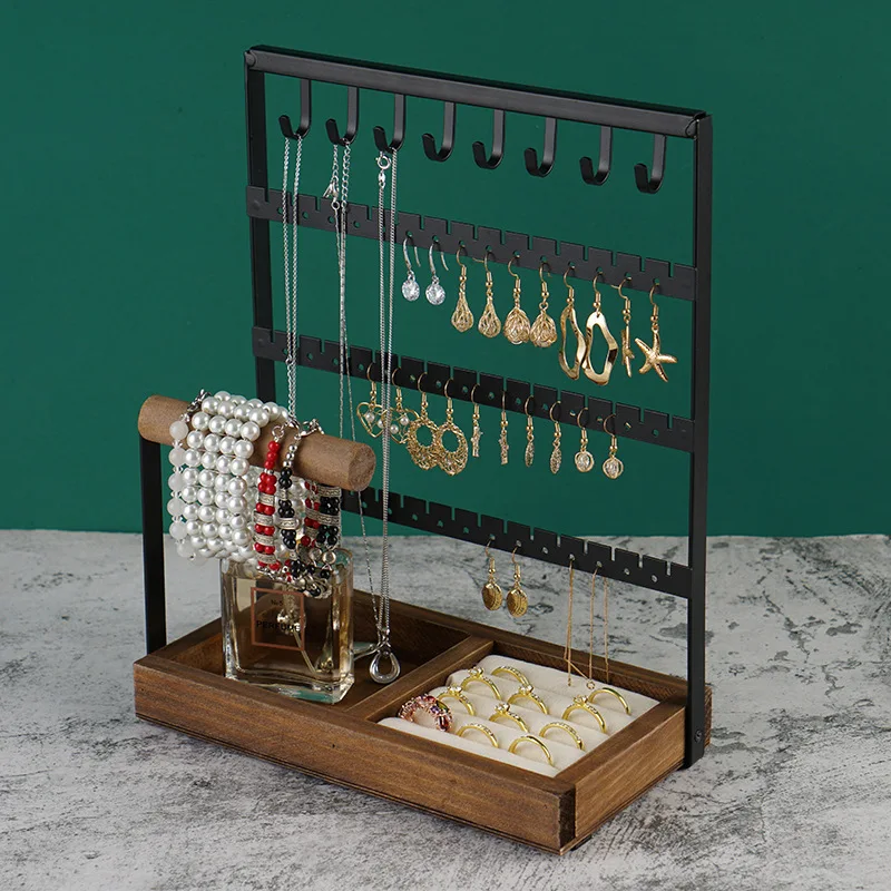 Jewelry Organizer Stand Necklace Holder, 4-Tier Jewelry Tower Rack with Earring Tray, 10 Hooks Necklaces Hanging Small Jewelry