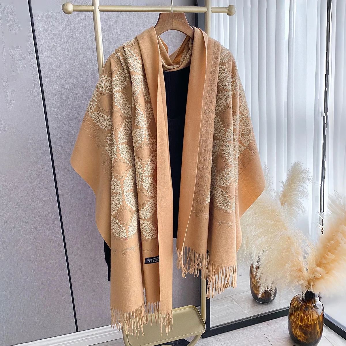 2025 Autumn Winter Warm Scarf Women Luxury Embroider Flower Bufanda Big Size Scarves Imitation Cashmere Poncho Female Pashmina