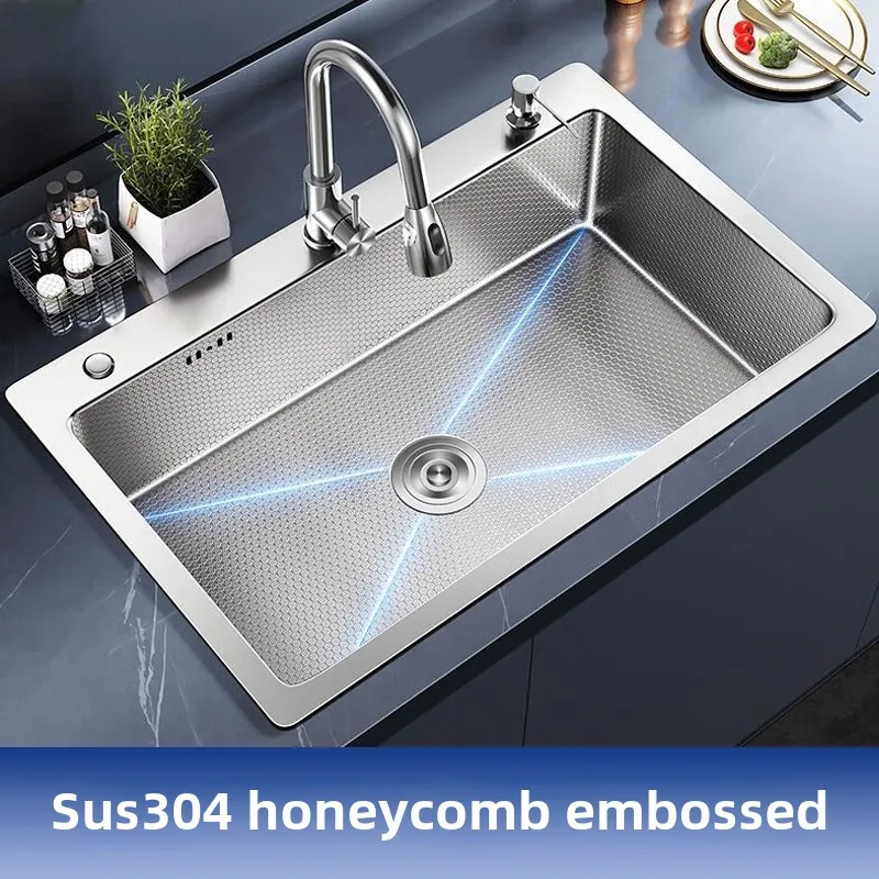 304 Honeycomb Textured Kitchen Sink Large Single Bowl Thickened Countertop Household Washing Basin Undermount Dishwashing Sink