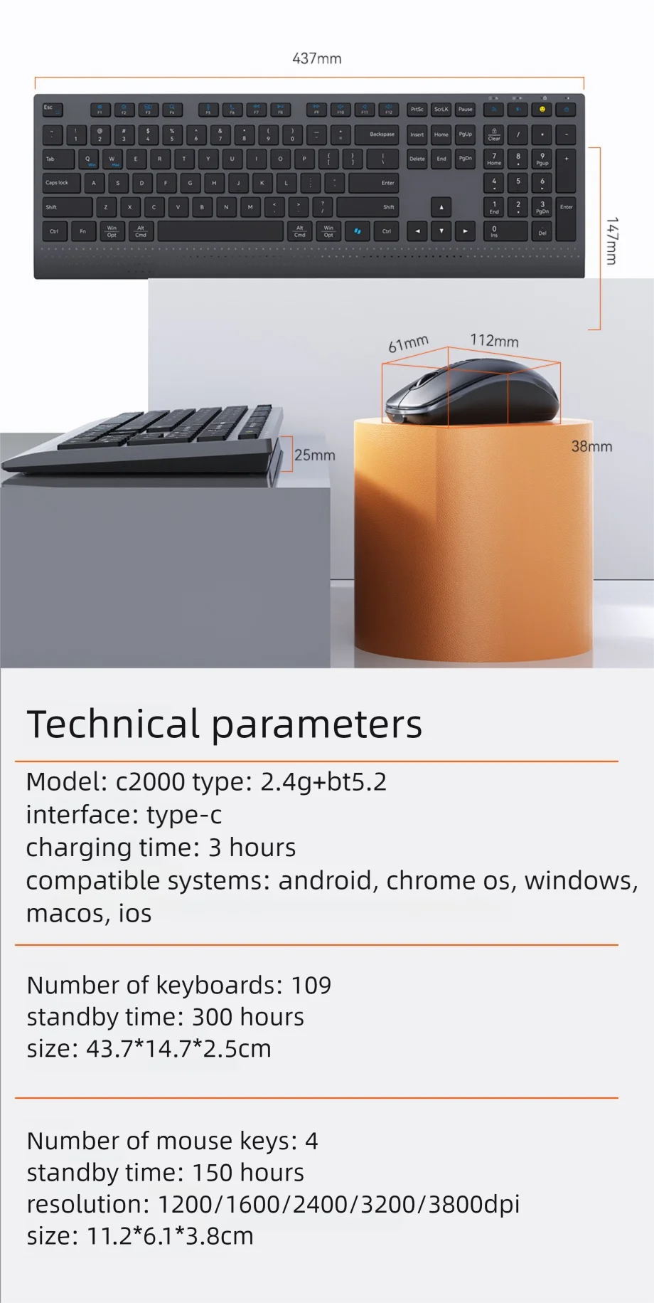 Kabellose, wiederaufladbare Maus-Kombination (2,4 GHz/Bluetooth) und Tastatur in Standardgröße mit Multifunktionstasten für Windows-PCs und Office-Anwendungen_voghion.com
