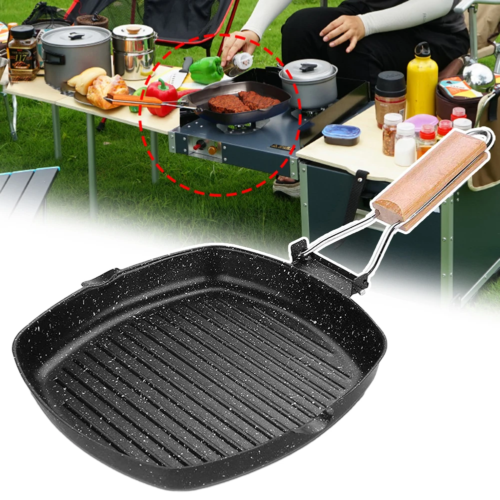 

Универсальная сковорода для кемпинга, сковорода для стейка с деревянной ручкой для пешего туризма