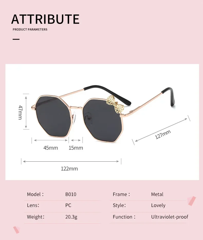 Trendy Fashion Boys and Girls Bow Metal Sunglasses B010 Polygon Trend Children's Sun Glasses Kids Outdoor UV400 Eyewear