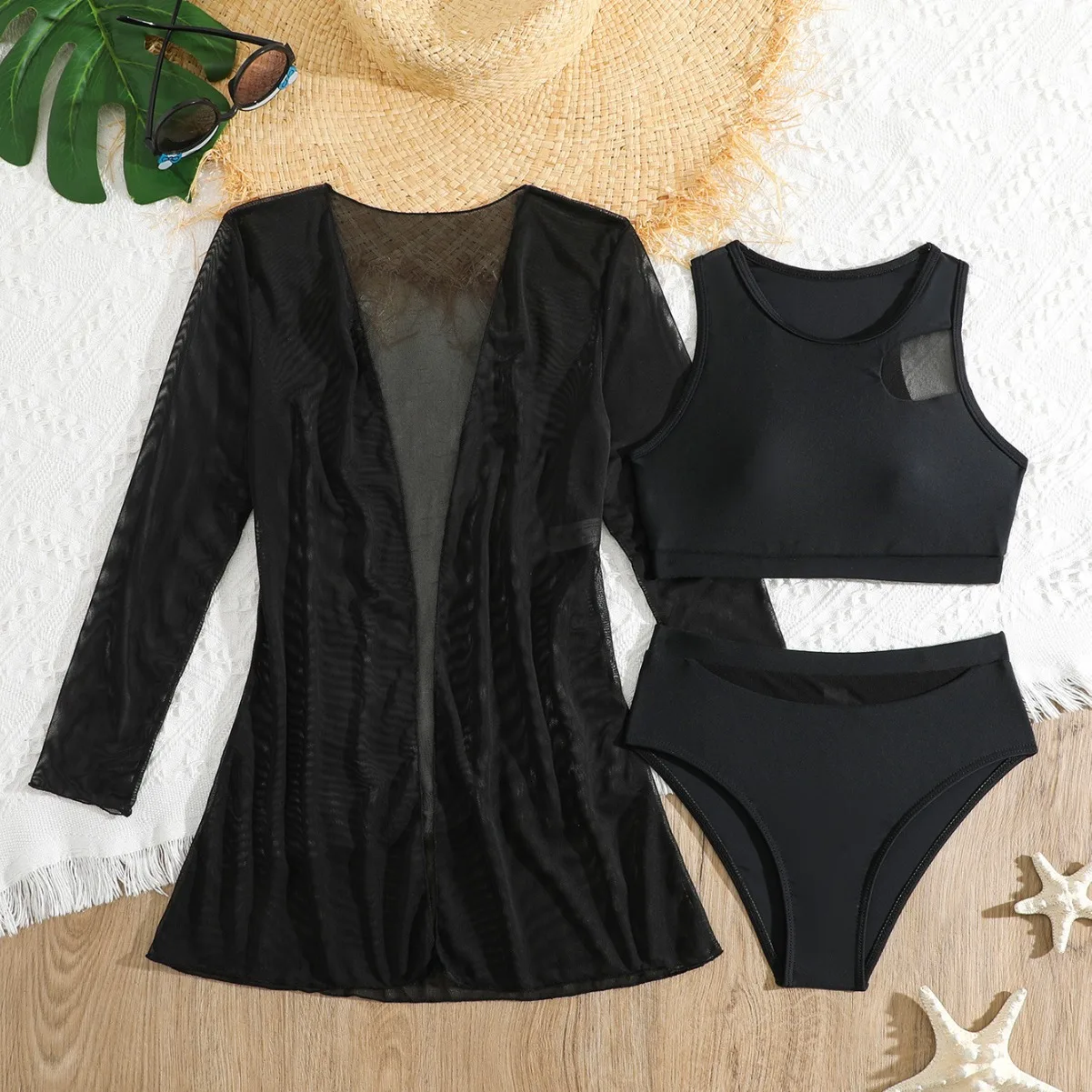 Girls 3pack Black High Waist Bikini Kids Swimsuit&Kimono 7-12 Years Children's Swimwear Teens High Neck Bathing Suit Summer