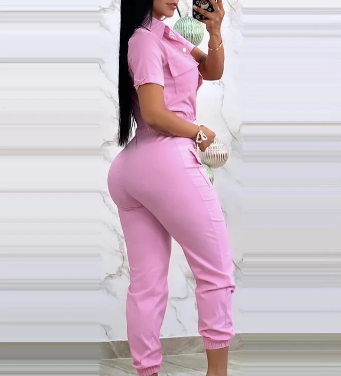 Women's Urban Style Jumpsuit 2024 Spring/summer Latest Commuter Solid Short Sleeve Pocket Design Cuffed Cargo Romper Bodysuit