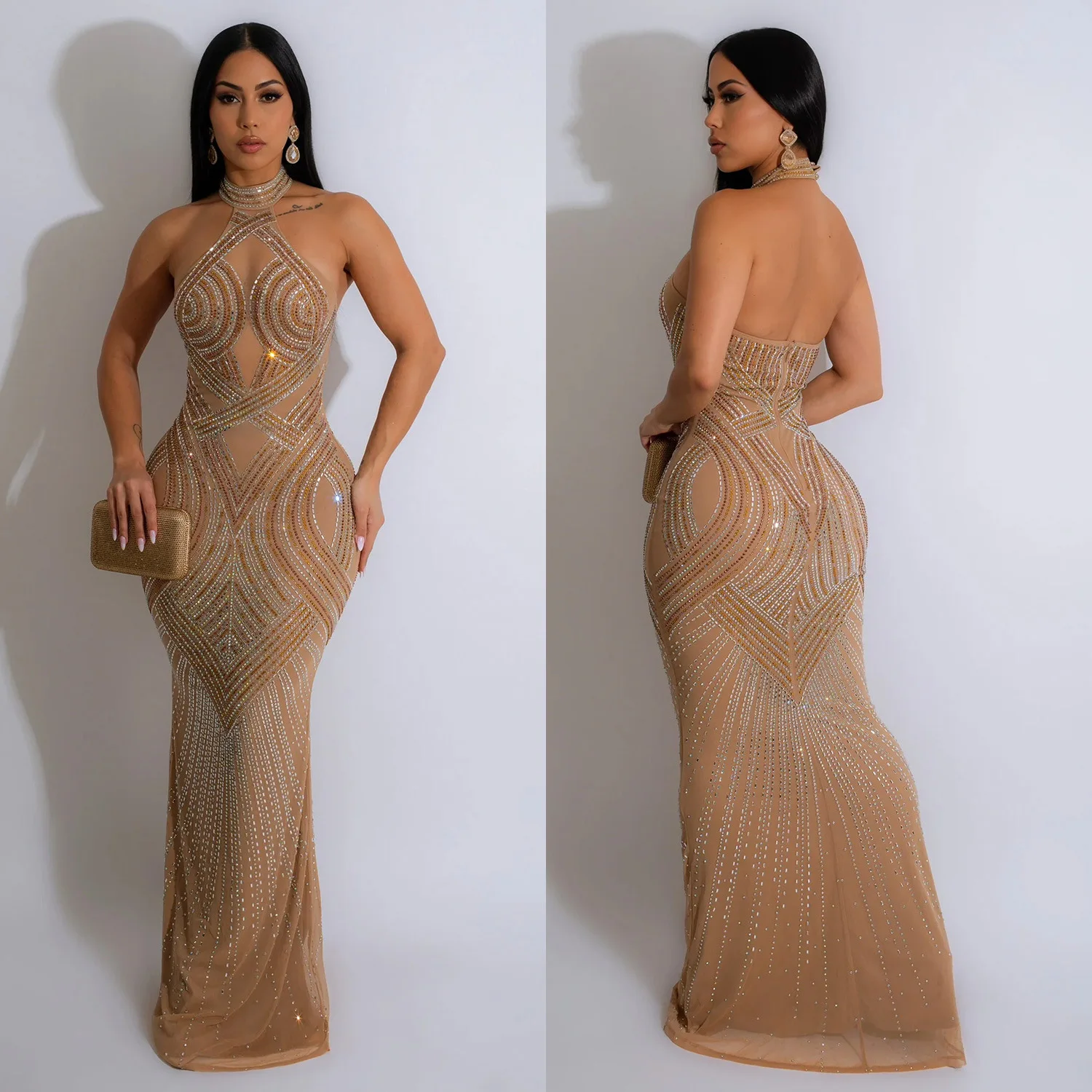 

Long Maxi Dress Women's Rhinestones Décor Glam Backless Hallucination Mesh Diamonds Party Dress Celebrities Outfits