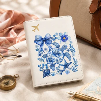 Porta passaporto Blue Sea Turtle per donna, portafoglio da viaggio in pelle PU floreale con scomparti per carte e finestra per documenti, custodia protettiva sottile