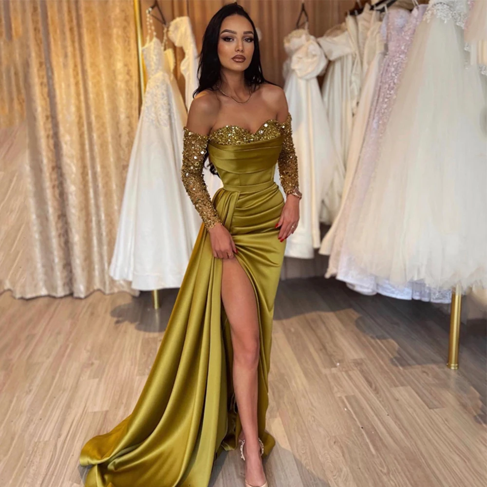 

Mermaid Formal Prom Dresses Beadings Side Slit Evening Gowns Off The Shoulder Night Cocktail Party Custom Size Vestidos