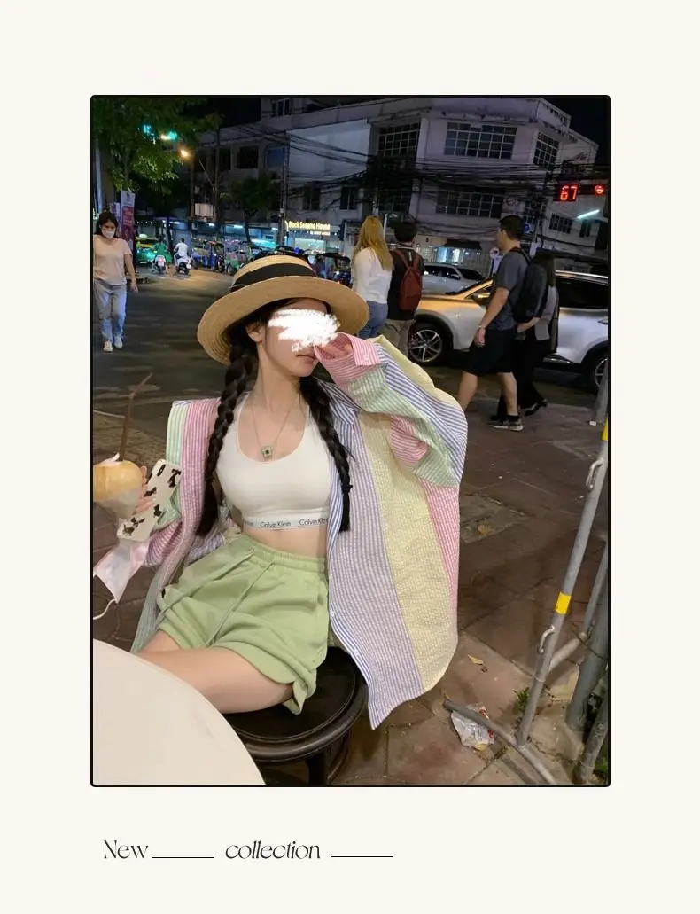 

Полосатые рубашки для женщин радужного цвета в стиле пэчворк Милая Молодежная Девичья Весенняя Повседневная модная универсальная повседневная одежда в Корейском стиле