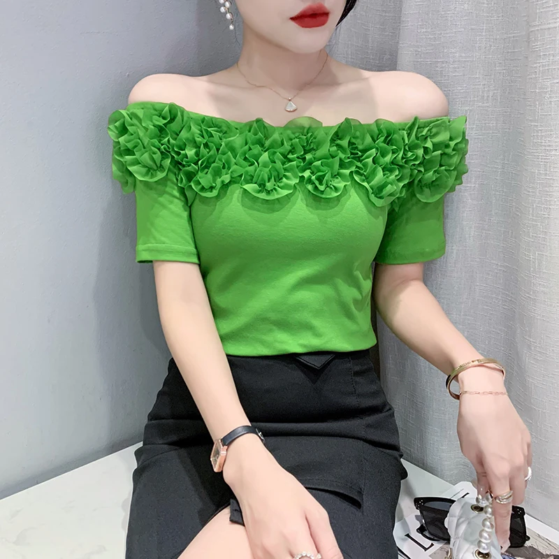 

2023 New Arrival Summer European Clothes Cotton T-Shirt Fashion Sexy Off Shoulder Women Short Sleeve Tops Outerwear Tees 32375