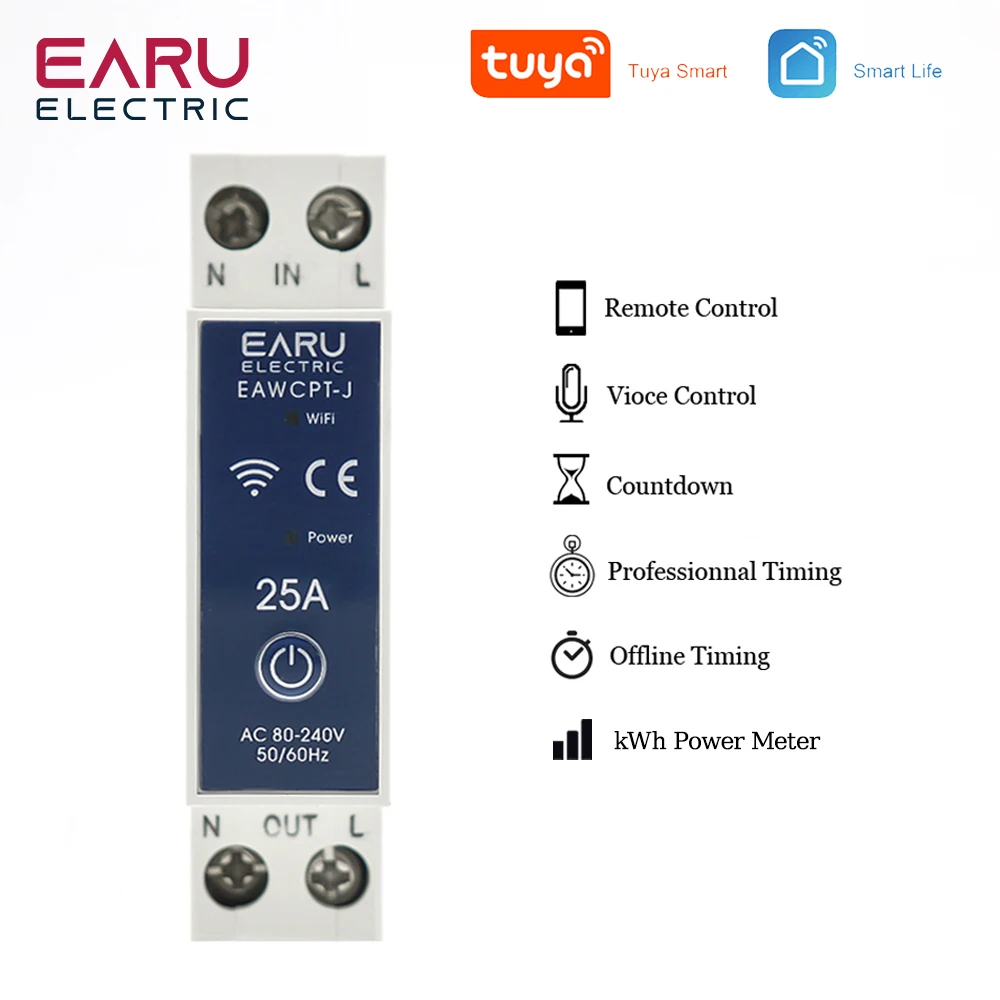 

Умный автоматический выключатель 1P 1P + N Wi-Fi, измеритель мощности и энергии в кВтч, реле времени, переключатель с голосовым дистанционным управлением через приложение Tuya Smart Life
