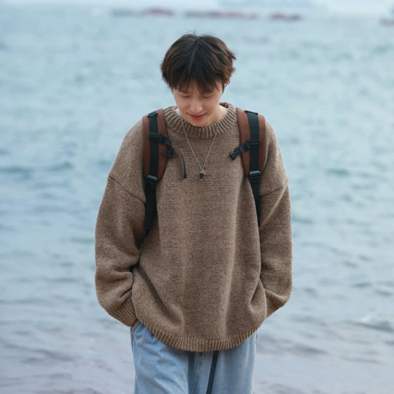 

EBAIHUI Retro Loose Solid Men Sweater Lazy Style New Male Knitwear Autumn Winter Japanese Round Neck Loose Long Sleeved Pullover