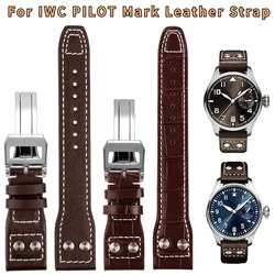For IWC PILOT Mark cowhide Strap 21mm 22mm Genuine Leather Watch band Bamboo Grain Rivets Dark Brown Black Watchband Accessories