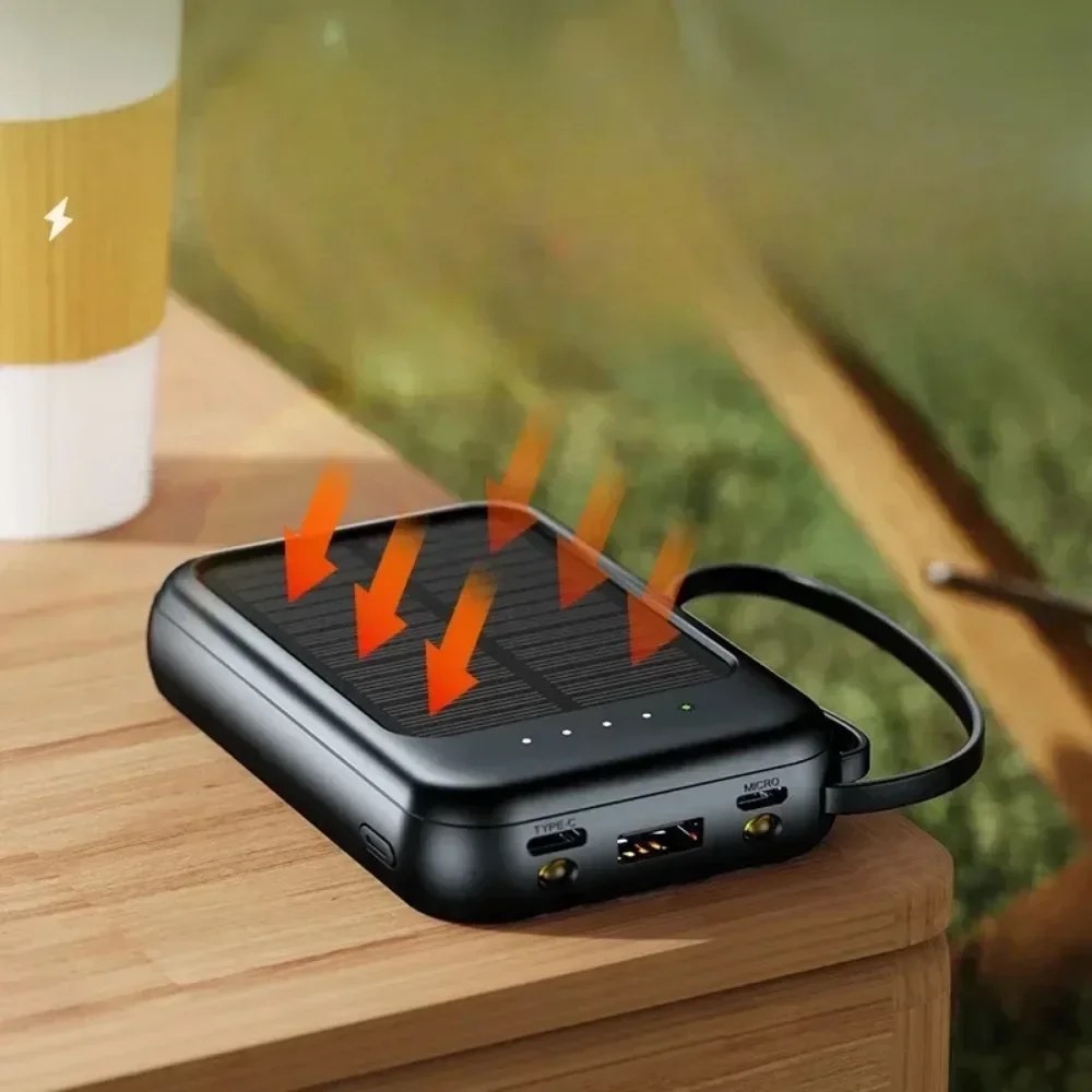 Mobile Power Bank 20000 MAh Mini Compact Portable Outdoor Camping Power Bank with Built-in Cord Solar