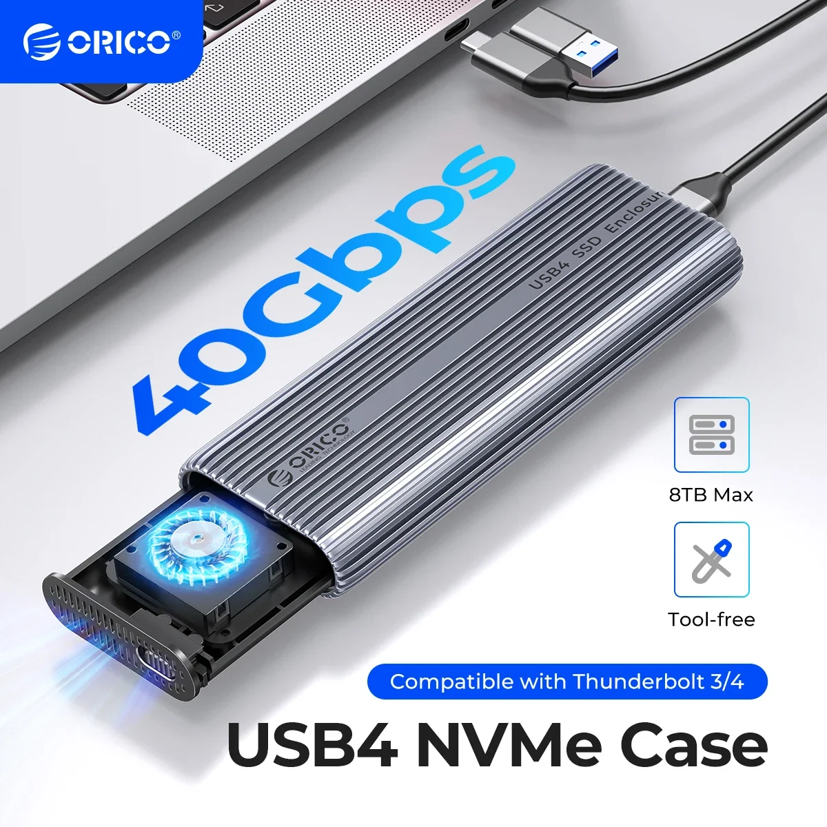 ORICO 40 Гбит/с M.2 NVMe SSD корпус с охлаждающим вентилятором USB4 PCIe3.0 алюминиевый совместимый инструмент Thunderbolt 3/4 бесплатно 8 ТБ для Mac