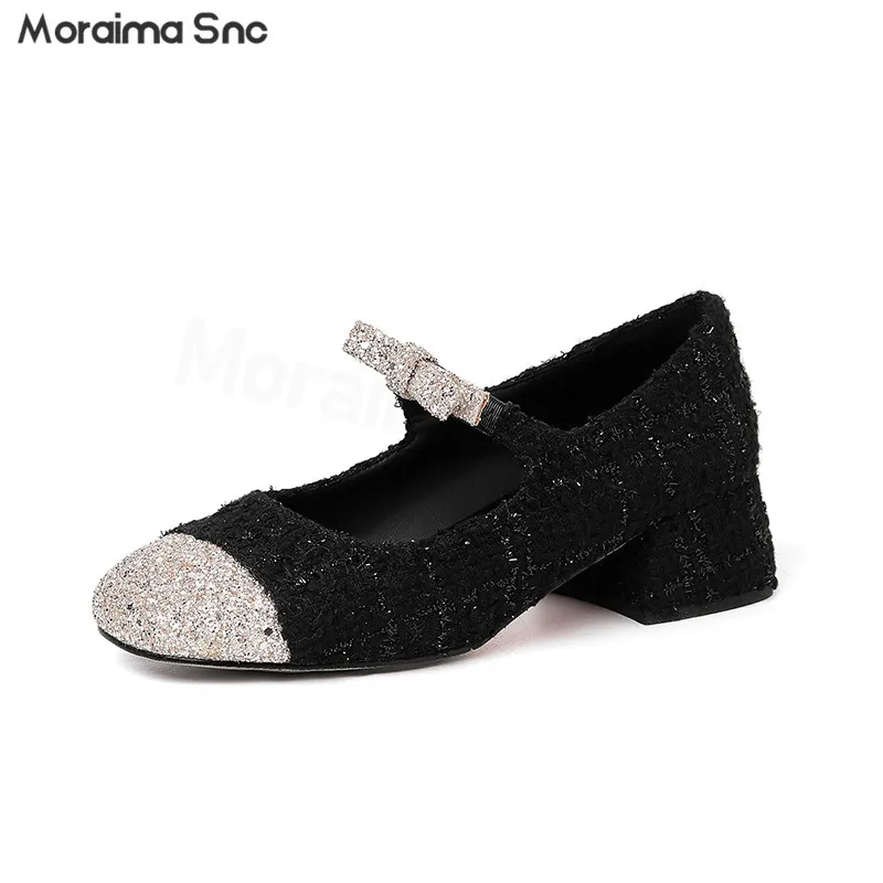 

Sequin Bow Duffle Pumps Square Toe Thick Heel Medium Heel Shallow Mouth Mary Jane Shoes Elegant and Fashionable Women's Shoes