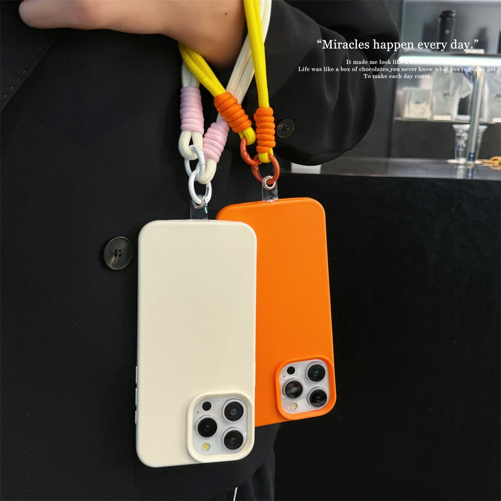 Étui en cuir à texture bonbon mignon et tendance avec dragonne pour iPhone 15 14 11 12 13 16 Pro Max Plus X XR XsMax Couverture de couleur unie_voghion.com