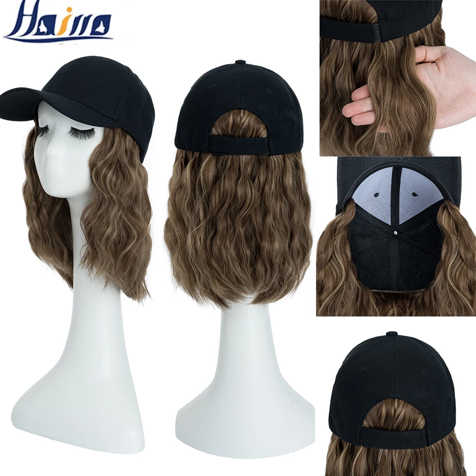 Hairro Synthetic 9 Colours Bob Wavy Hair with Baseball Cap Hat with Hair Wig Black Pink BOB Hair Short Wigs Extensions for Women snoilite synthetic 9 colours bob hair with baseball cap hat with hair wig black pink bob wavy hair short wigs for women