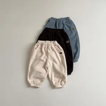 2025 Winter New Baby Fleece Trousers Boys Embroidery Casual Pants Infant Girl Thick Warm Pants Cotton Loose Toddler Clothes 1