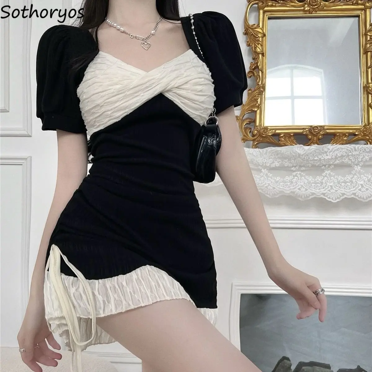 

Mini Dress Women French Sweetheart Vintage Panelled Sexy Design A-line Elegant Chic Summer Party Wear Shirring Popular Vestidos